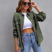 Mandotos women's ripped shirt jacket, casual autumn and spring top, stylish women's clothing with a relaxed fit and distressed design.