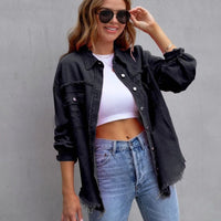 Mandotos women's ripped shirt jacket, casual autumn and spring top, stylish ripped design, lightweight women's clothing for everyday wear.