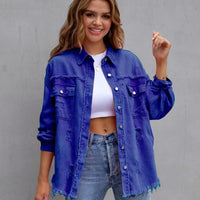 Mandotos women's ripped shirt jacket, casual autumn and spring top, stylish and lightweight for everyday wear.