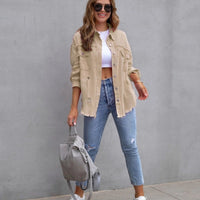 Mandotos women's ripped shirt jacket in casual style, suitable for autumn and spring, showcasing a trendy, distressed design.