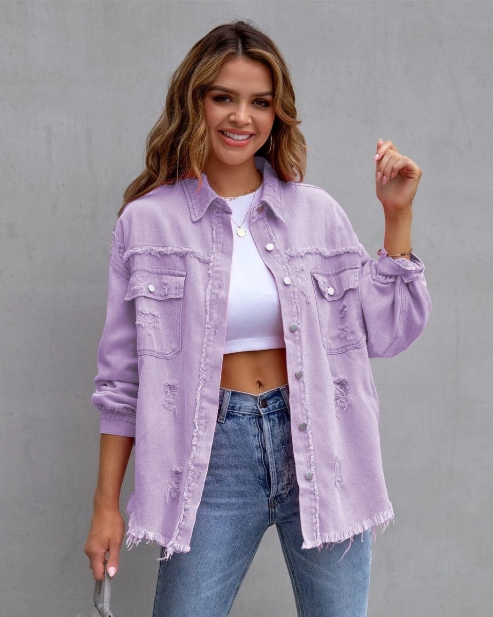 Fashion Ripped Shirt Jacket Female Autumn And Spring Casual Tops Womens Clothing - MANDOTOS