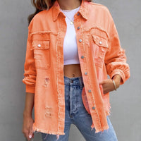 Mandotos women's ripped shirt jacket, casual autumn and spring top, lightweight denim style for fall and spring wear