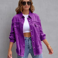 Mandotos women's ripped shirt jacket, casual autumn-spring tops, stylish women's clothing with distressed design and relaxed fit.