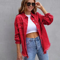 Mandotos women's ripped shirt jacket, casual autumn and spring top, lightweight denim-style outerwear, relaxed fit, stylish everyday wear.