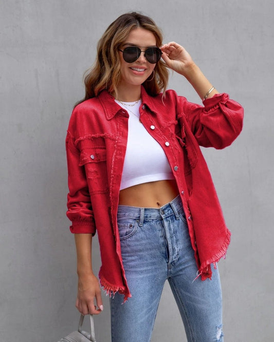 Fashion Ripped Shirt Jacket Female Autumn And Spring Casual Tops Womens Clothing - MANDOTOS