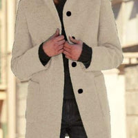 Mandotos women's woolen coat with stand collar, pockets, and button closure, suitable for fall and winter casual wear.