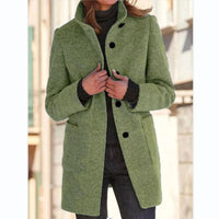 Mandotos women's woolen coat with stand collar, pockets, and button closure, perfect for fall and winter casual wear.