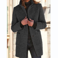 Mandotos women's woolen coat with stand collar, pockets, and button closure for fall winter casual outerwear.