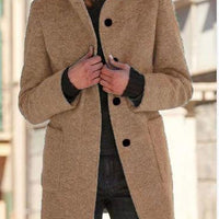 Mandotos woolen coat with stand collar, pockets, and button closure, suitable for fall and winter casual women's outerwear.