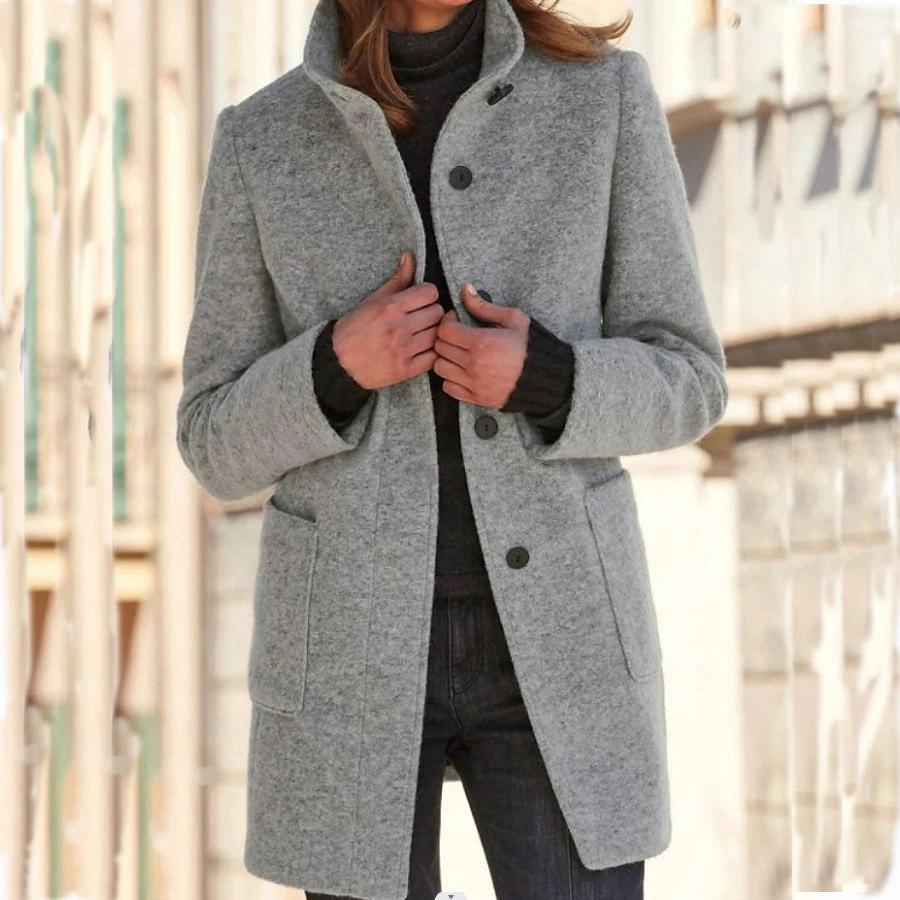 Mandotos women's woolen coat with stand collar, pockets, and button closure, ideal for fall and winter casual wear.