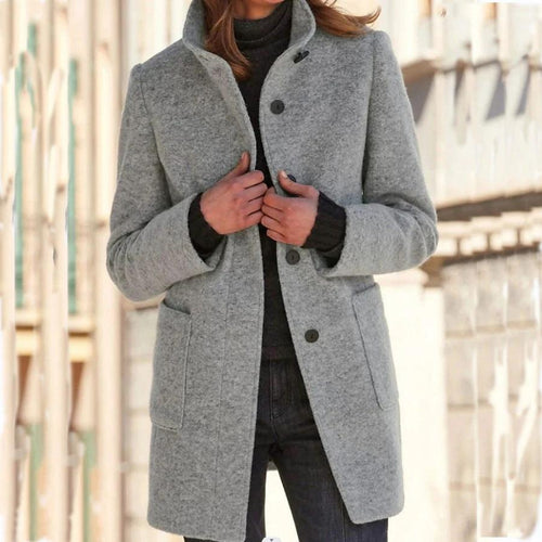 Fashion Stand Collar Woolen Coat With Pockets Fall Winter Casual Button Outwear For Women Clothing - MANDOTOS