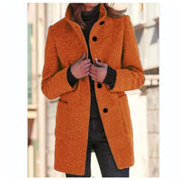 Mandotos women's woolen coat with stand collar, pockets, and button closure, ideal for fall and winter casual wear.
