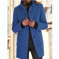 Mandotos women's woolen coat with stand collar, pockets, and button closure for fall and winter casual wear.