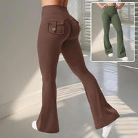 Mandotos Fierce Fit yoga pants with high waist, flared legs, pockets, and scrunch butt lift for comfort and style.