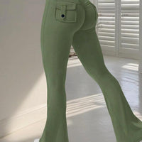 Mandotos Fierce Fit yoga pants with high waist, flared legs, pockets, and scrunch butt lift for comfort and style.