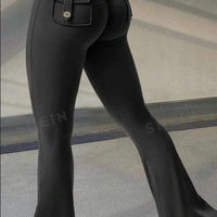 Mandotos Fierce Fit yoga pants with high waist, flared design, pockets, and scrunch butt lift for comfort and style.