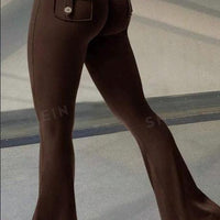 Mandotos Fierce Fit yoga pants featuring high waist, flared design, pockets, and scrunch butt lift for comfort and style.