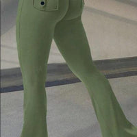 Mandotos Fierce Fit yoga pants with high waist, flared design, pockets, and scrunch butt lift for comfort and style.