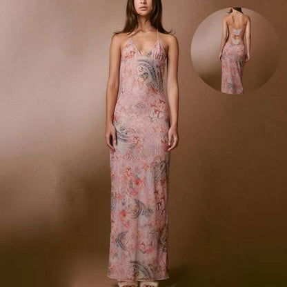 Floral Print Halter Dress - Sexy Butterfly Back Spaghetti Straps - MANDOTOS