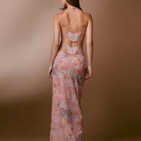 Mandotos floral print halter dress with butterfly back and spaghetti straps, stylish summer dress for women.