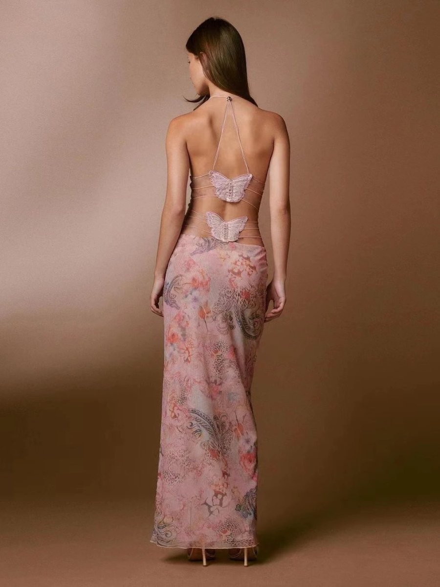 Floral Print Halter Dress - Sexy Butterfly Back Spaghetti Straps - MANDOTOS