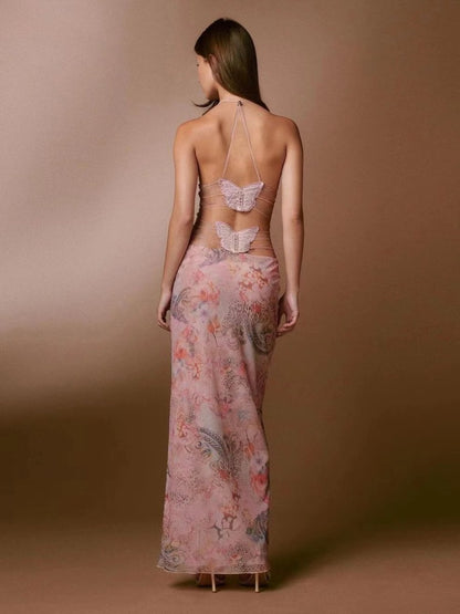 Floral Print Halter Dress - Sexy Butterfly Back Spaghetti Straps - MANDOTOS
