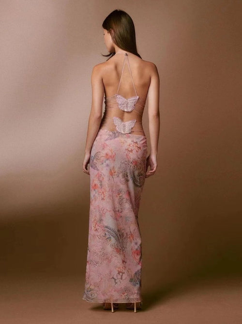 Floral Print Halter Dress - Sexy Butterfly Back Spaghetti Straps - MANDOTOS