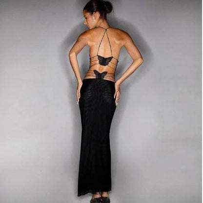 Floral Print Halter Dress - Sexy Butterfly Back Spaghetti Straps - MANDOTOS