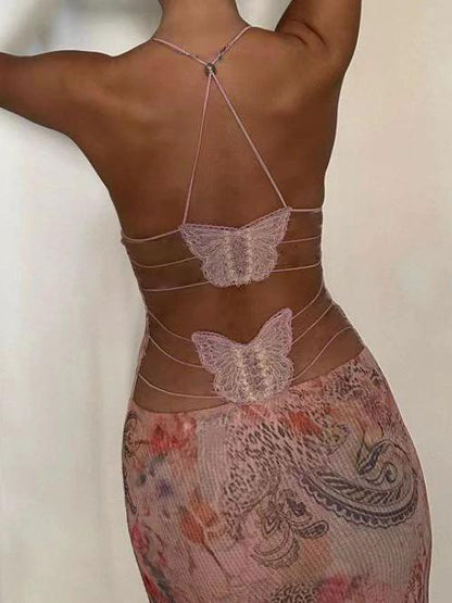 Floral Print Halter Dress - Sexy Butterfly Back Spaghetti Straps - MANDOTOS