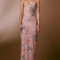 Mandotos floral print halter dress with butterfly back and spaghetti straps, stylish and perfect for summer occasions.