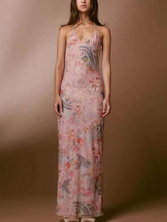 Floral Print Halter Dress - Sexy Butterfly Back Spaghetti Straps - MANDOTOS