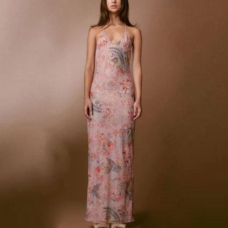 Mandotos floral print halter dress with spaghetti straps and butterfly back design, perfect for summer or casual occasions.
