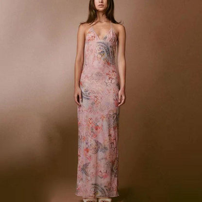 Floral Print Halter Dress - Sexy Butterfly Back Spaghetti Straps - MANDOTOS