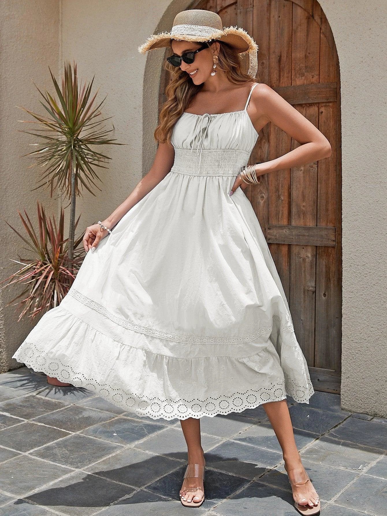Women's Cotton Maxi Dress - Breathable Summer Dress With Embroidered Hem, Elastic Waist, And French Romantic Style - MANDOTOS