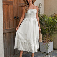 Mandotos French Romantic Cotton Maxi Dress featuring a flowing summer design with delicate lace and soft fabric.
