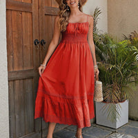 Mandotos French romantic style cotton maxi dress for women, flowing fabric, floral pattern, and elegant neckline.