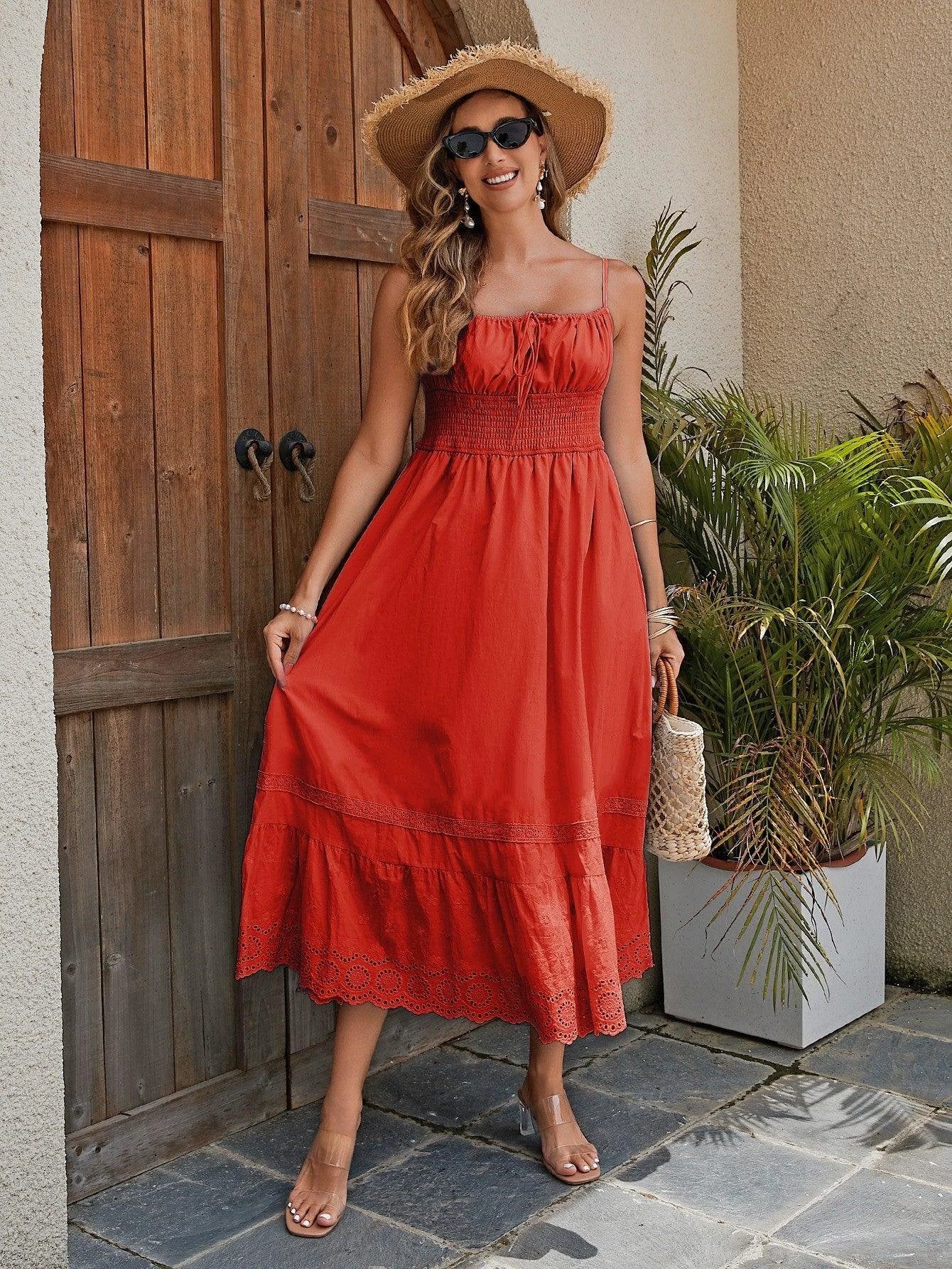 Women's Cotton Maxi Dress - Breathable Summer Dress With Embroidered Hem, Elastic Waist, And French Romantic Style - MANDOTOS