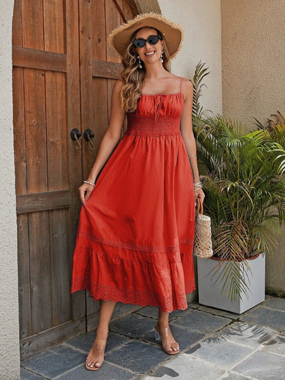 Women's Cotton Maxi Dress - Breathable Summer Dress With Embroidered Hem, Elastic Waist, And French Romantic Style - MANDOTOS