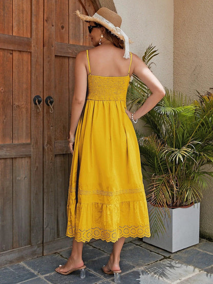 Women's Cotton Maxi Dress - Breathable Summer Dress With Embroidered Hem, Elastic Waist, And French Romantic Style - MANDOTOS