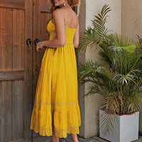 Mandotos French style cotton maxi dress featuring elegant summer charm, lightweight fabric, and flowing silhouette.