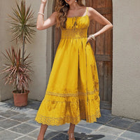 Mandotos French style cotton maxi dress with elegant summer design, featuring flowing fabric and classic silhouette.