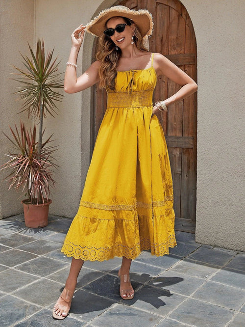 Women's Cotton Maxi Dress - Breathable Summer Dress With Embroidered Hem, Elastic Waist, And French Romantic Style - MANDOTOS