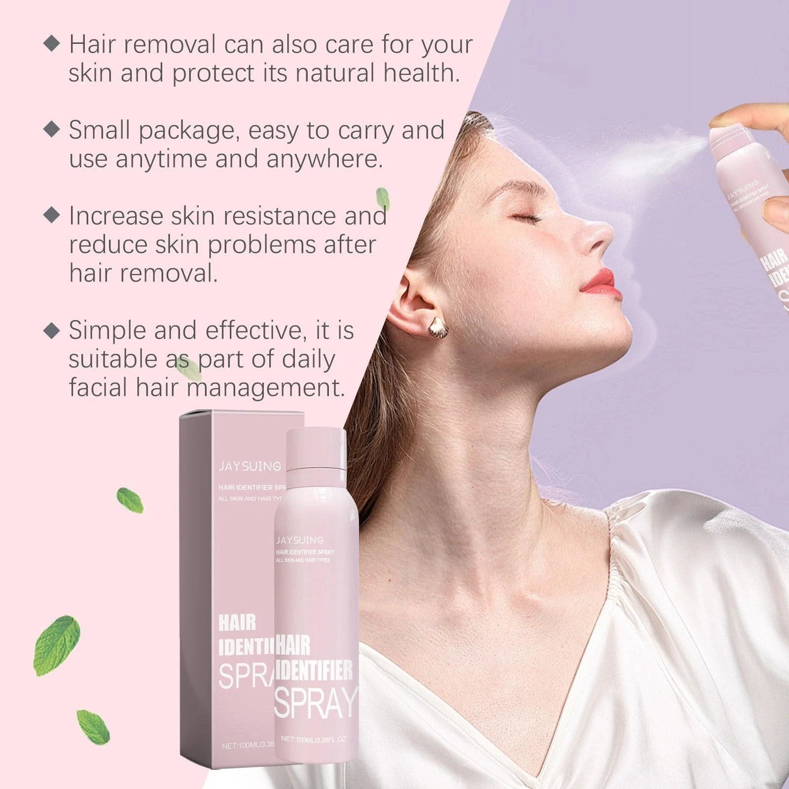 Mandotos Hair Identifier Spray for Face Dermaplaning, a women’s grooming tool used to distinguish fine facial hair.