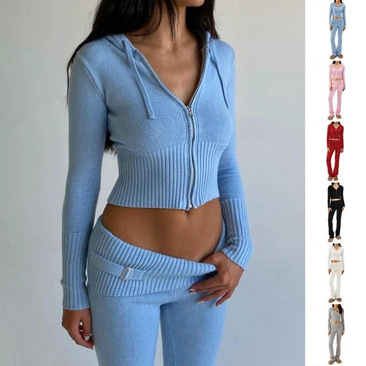 Hoodie Suit Women Leisure Sexy Zip Long Sleeve Sweater And High Waist Long Pants Set - MANDOTOS