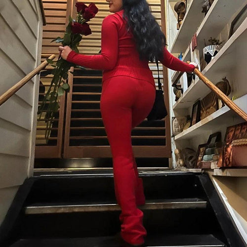 Hoodie Suit Women Leisure Sexy Zip Long Sleeve Sweater And High Waist Long Pants Set - MANDOTOS