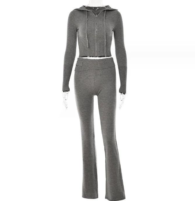 Hoodie Suit Women Leisure Sexy Zip Long Sleeve Sweater And High Waist Long Pants Set - MANDOTOS
