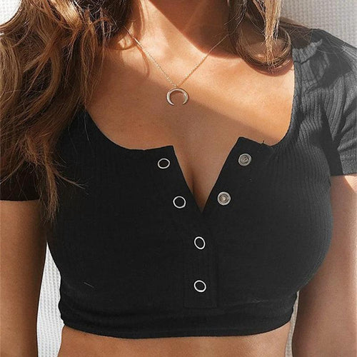 Mandotos Inspired Threads women's crop button T-shirt with flattering fit and stylish design, shown on a model.