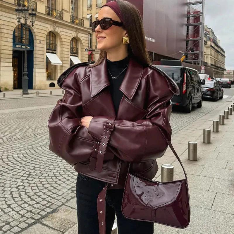 Mandotos women's loose lapel leather jacket with cropped streetwear style, perfect for casual fashion and layered looks.