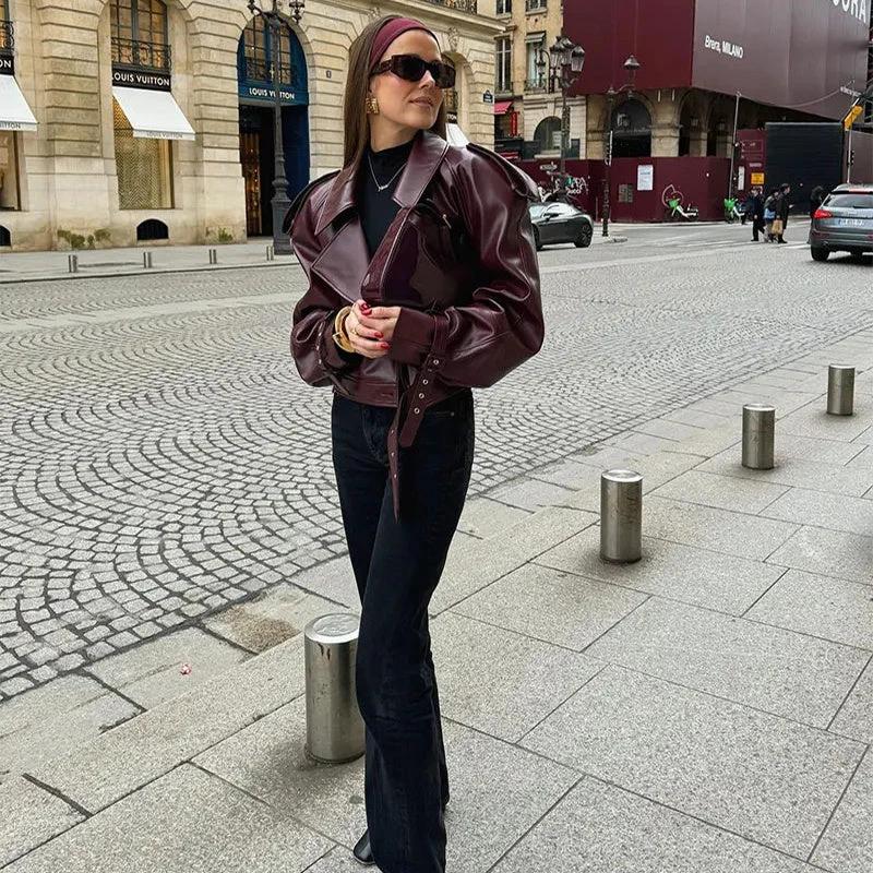 Loose Lapel Leather Jacket Fashion Cropped Tops Streetwear For Womens Clothing - MANDOTOS