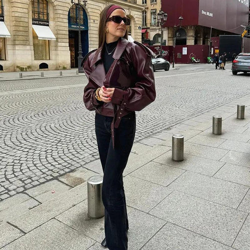 Loose Lapel Leather Jacket Fashion Cropped Tops Streetwear For Womens Clothing - MANDOTOS
